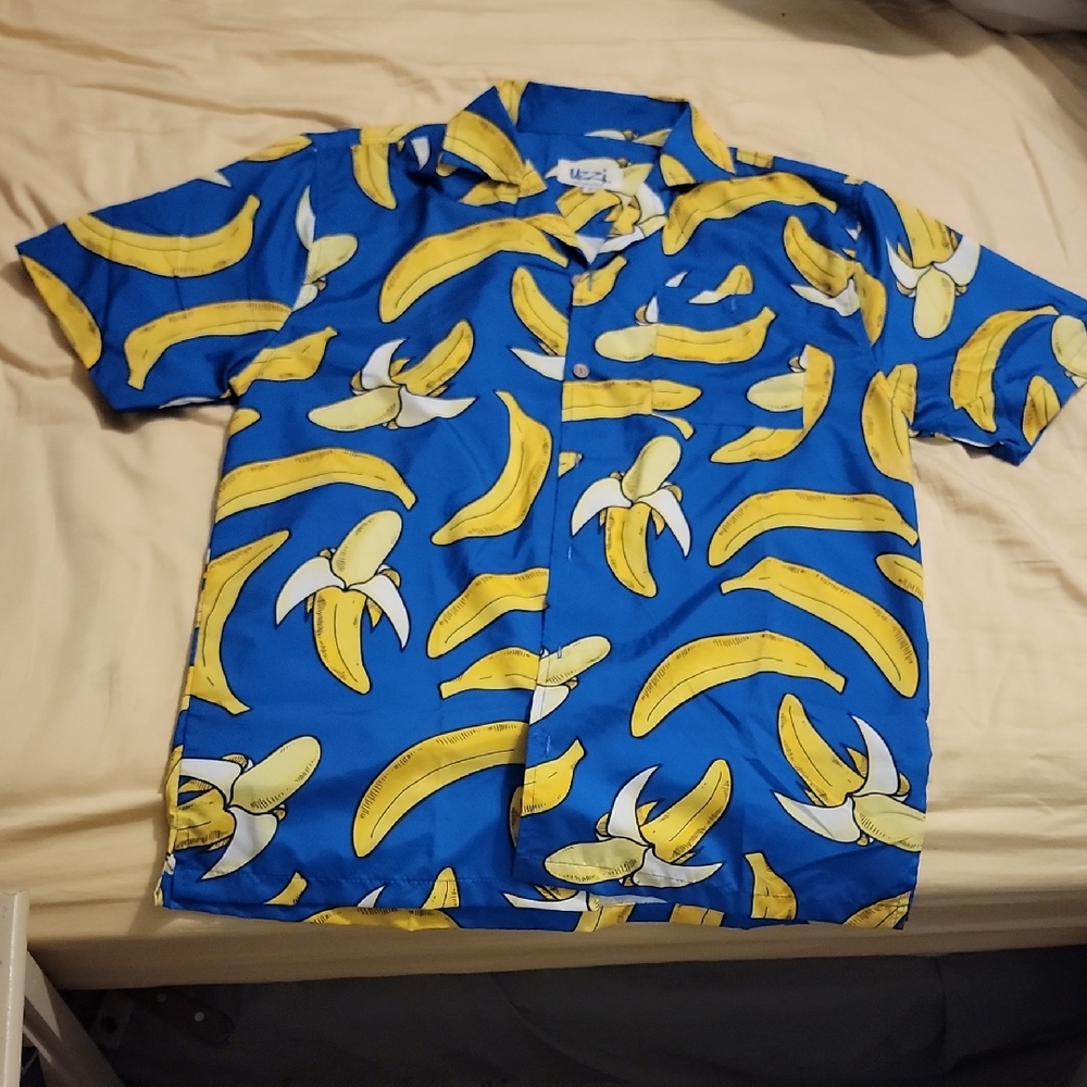 Blue Yellow Casual Button Down Shirt with Banana Print